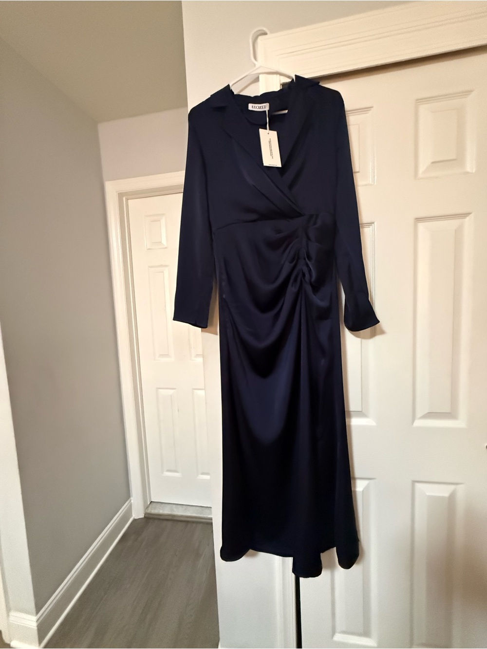 Luxe Navy Long-Sleeve Midi Dress with Side Gather